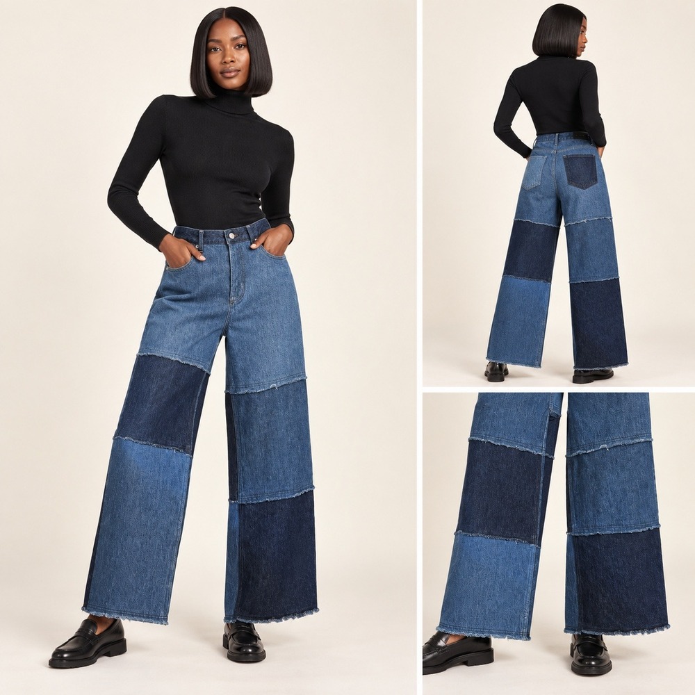 Rails The Getty Patchwork High Rise Wide Leg Crop Jeans 29 Indigo Blue Raw Hem